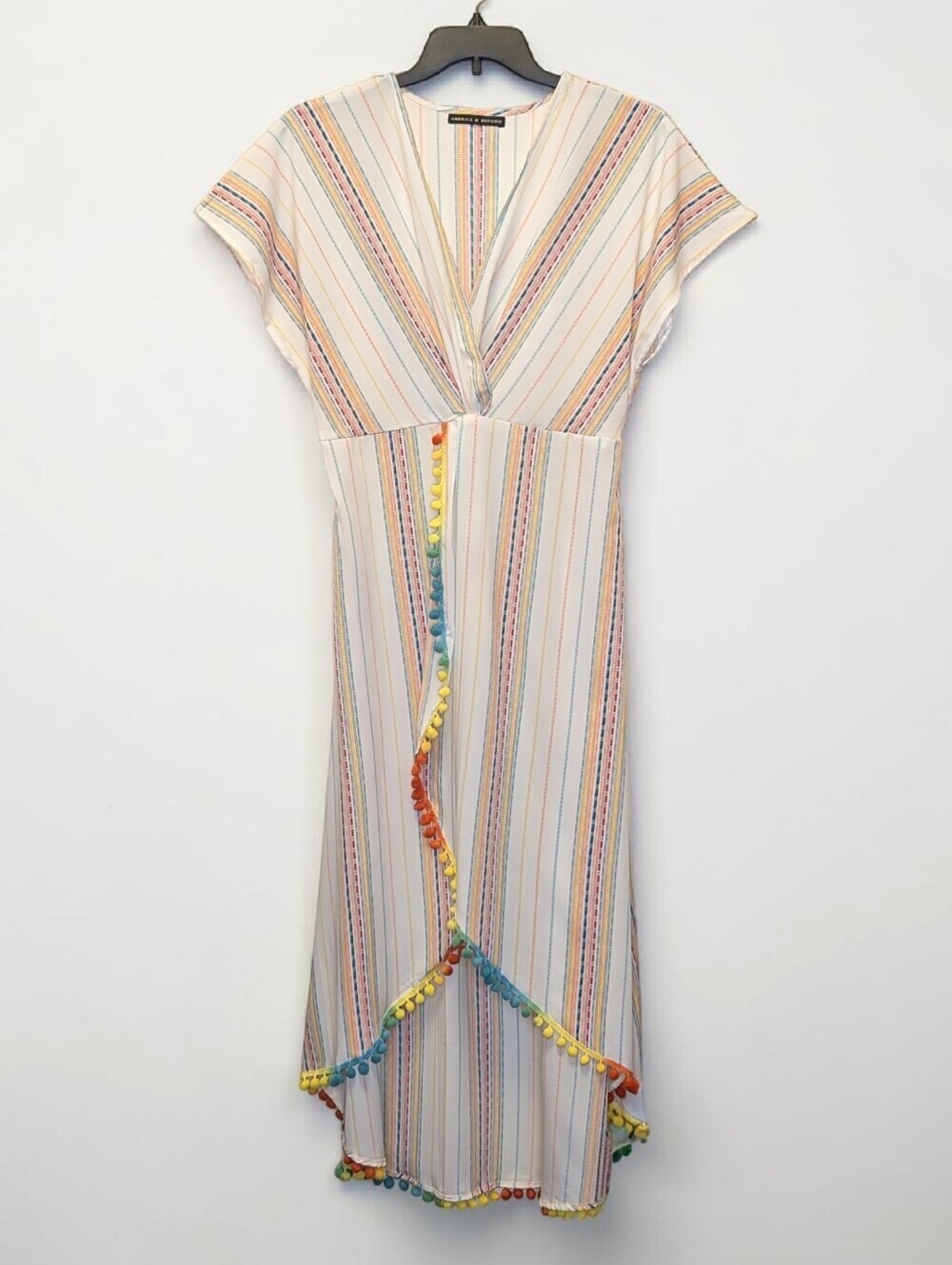 America & Beyond Boho Striped Pom Pom Maxi Cover Up Dress XL Beach Resort
